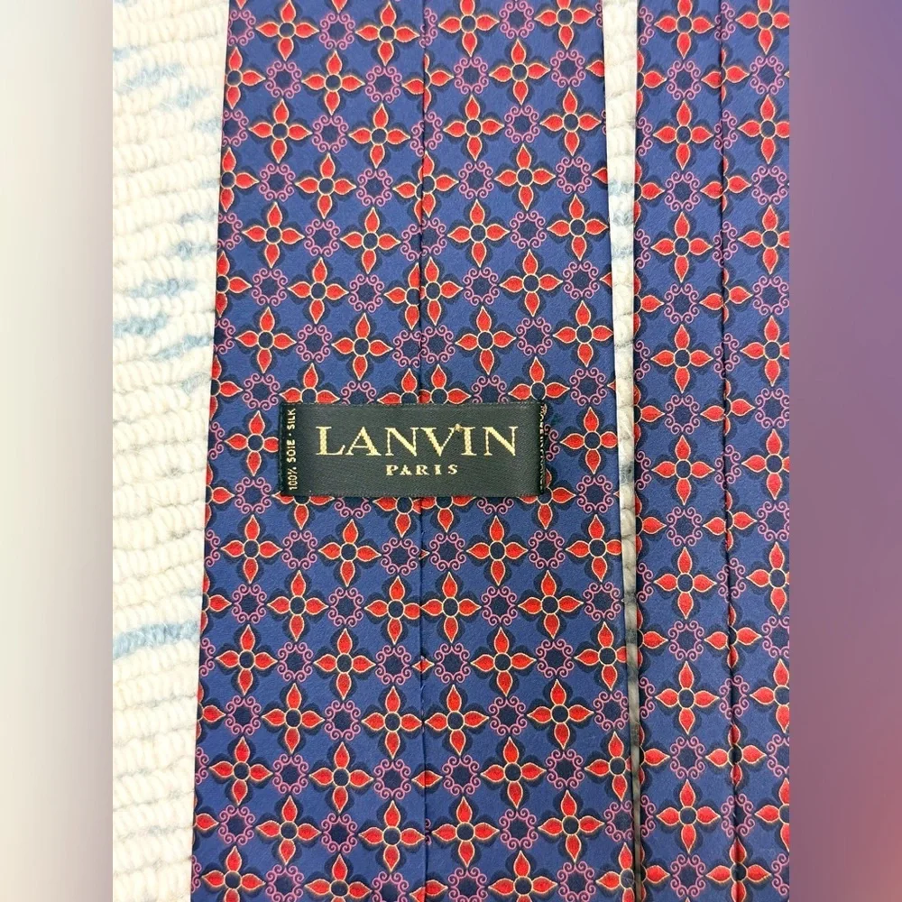 LANVIN Paris Men’s Silk Necktie Navy BlueRed Geometric Floral Pattern France